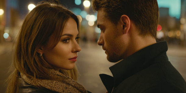 Мужчина и женщина пристально смотрят друг на друга на ночной улице города, освещенной теплыми уличными фонарями, создавая романтическую атмосферу, поддерживающую их эмоциональные потребности.